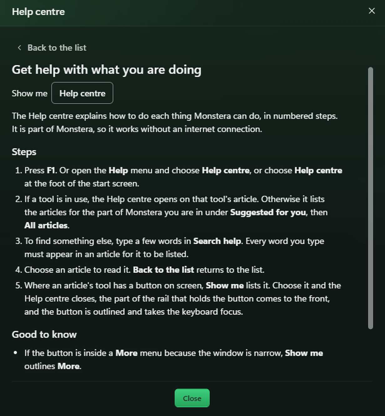 The Monstera Help centre showing the article Get help with what you are doing, with a Show me button and numbered steps.