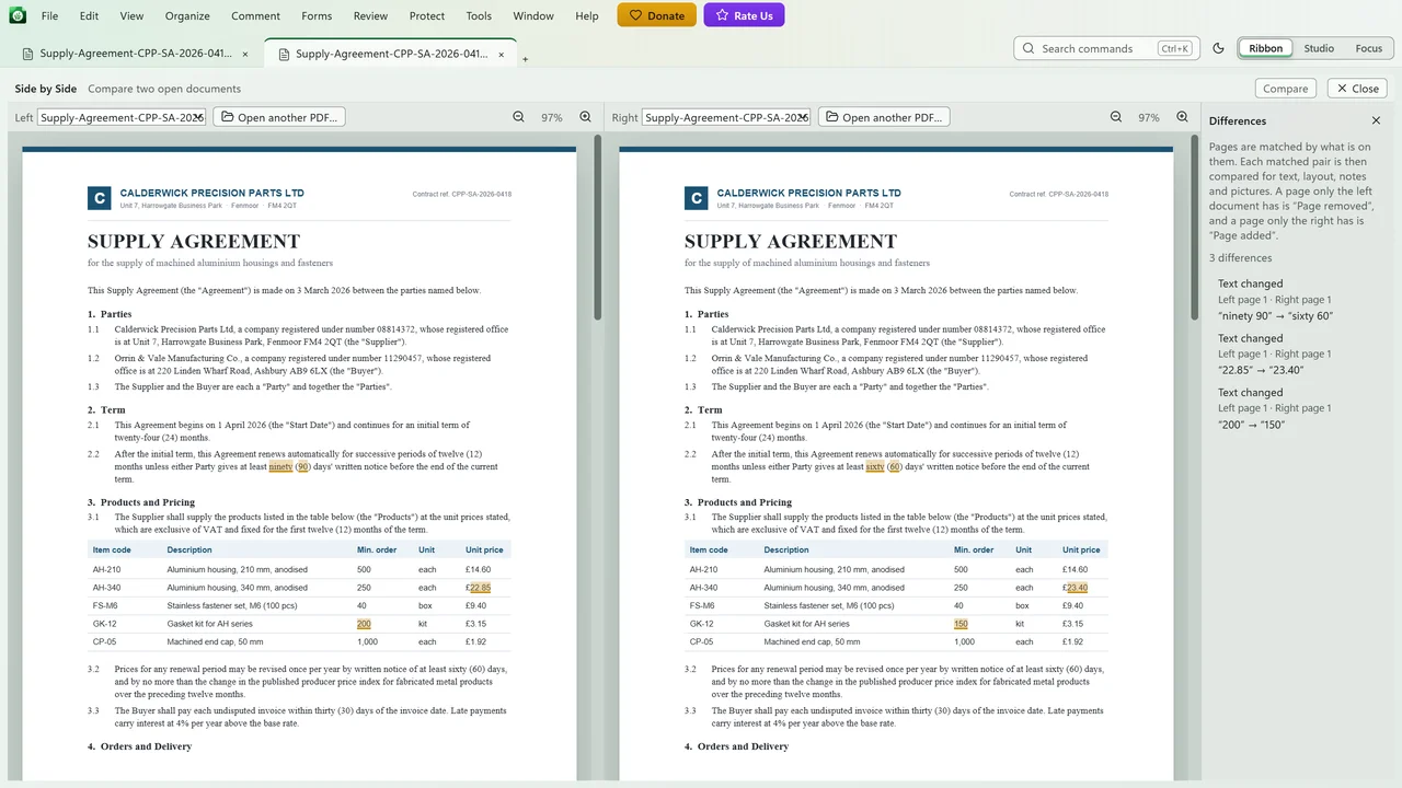 Compare places two drafts of an agreement side by side and marks each change, with a list of the differences.