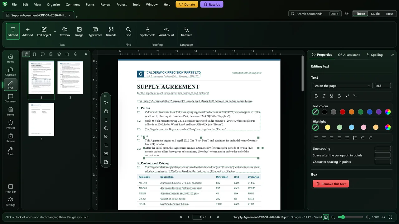 Edit text opens a paragraph of a contract for editing, with its font, size, colour and spacing in the Properties panel.