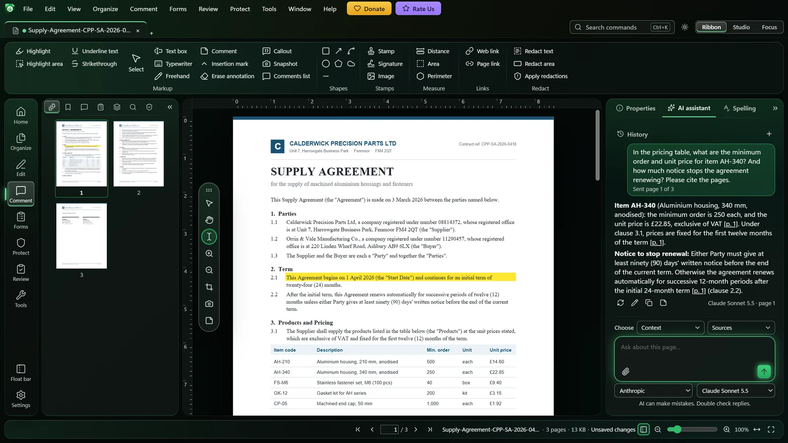 Monstera's AI assistant answers a question about a supply agreement with page citations, beside a highlighted clause and the page thumbnails.