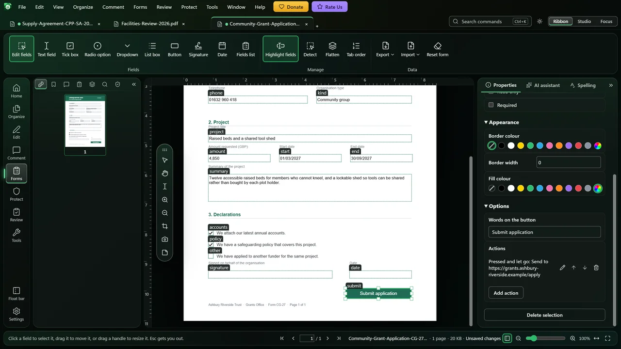 The Forms tools show every field of a grant application, with the selected Submit button's options and its submit action in the Properties panel.