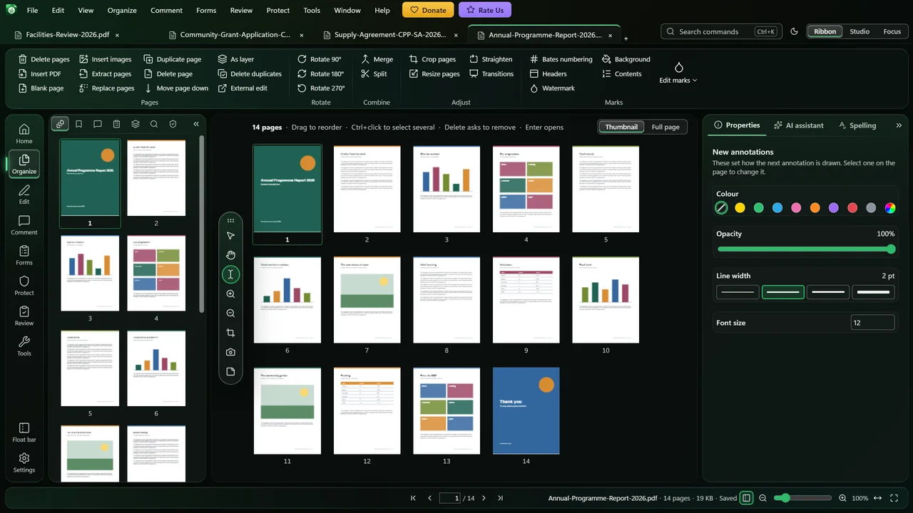 The page organiser shows every page of a long document as a card, ready to rearrange, rotate, insert or delete.